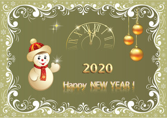 2020 New Year greeting card with cheerful snowman on background with clock, balls in frame with beautiful ornament