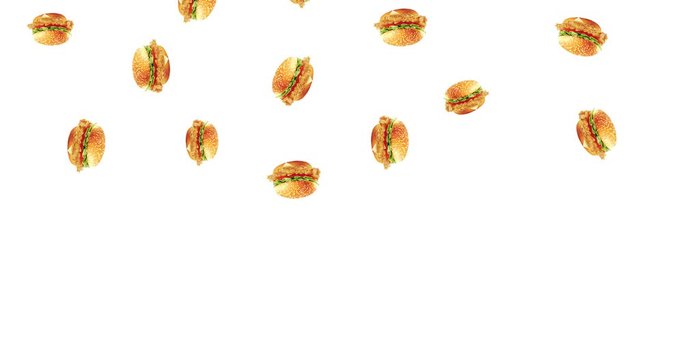 Falling / spinning burgers on white background. Аbstract animation