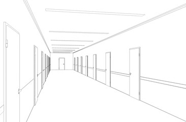 Long corridor with doors, contour visualization, 3D illustration, sketch, outline
