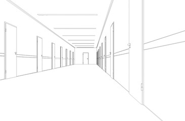 Long corridor with doors, contour visualization, 3D illustration, sketch, outline