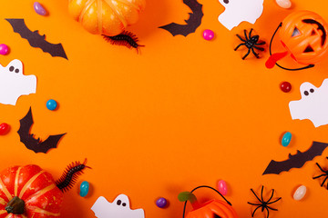 Naklejka na ściany i meble Halloween and decoration concept. Collection of Halloween party objects forming a frame.