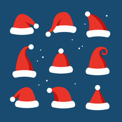 Santa hats set for Christmas and New Year graphics and web design. Flat style vector illustration