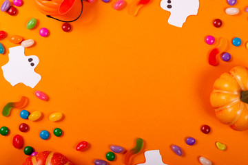 Halloween and decoration concept. Collection of Halloween party objects forming a frame.