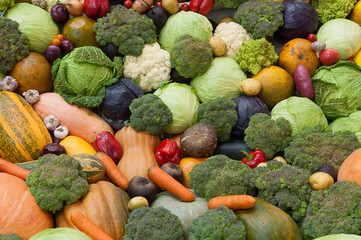 Assortment of fresh vegetables close up. Vegetables top view background.