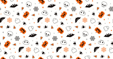 Seamless repeat pattern with pumpkins, ghosts, candy corn, bats, spider webs, skulls, white, orange, black. Vector illustration. Design concept for Halloween background, packaging wallpaper wrapping