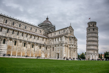 Beautiful view of Piazza Miracoli, Cathedral, baptistery and leaning tower in Pisa, Tuscany, Italy