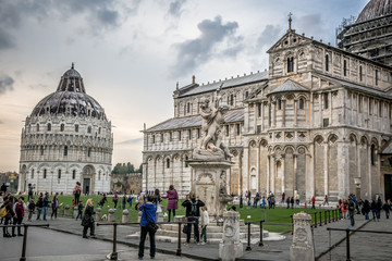 Fototapeta premium Beautiful view of Piazza Miracoli, Cathedral, baptistery and leaning tower in Pisa, Tuscany, Italy
