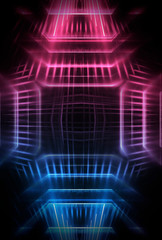 Abstract dark neon background. Neon geometric shapes, rays and lines.
