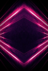 Abstract dark neon background. Neon geometric shapes, rays and lines.