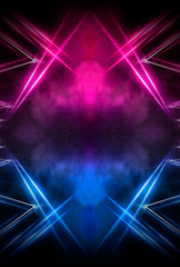 Abstract dark neon background. Neon geometric shapes, rays and lines.