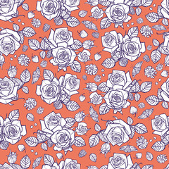 Naklejka premium Vector orange and white roses and berries seamless pattern. Perfect for fabric, scrapbooking and wallpaper projects.