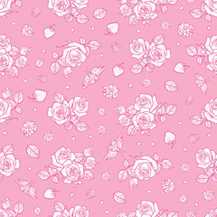 Fototapeta na wymiar Vector pink and white roses and berries seamless pattern. Perfect for fabric, scrapbooking and wallpaper projects.