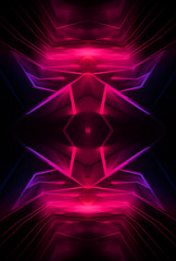 Abstract dark neon background. Neon geometric shapes, rays and lines.