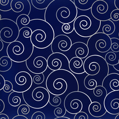 Festive seamless abstract pattern with silver swirls on blue velvet