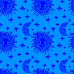Fototapeta na wymiar Creative seamless pattern with hand drawn with moon, stars and sun. Fashion print.