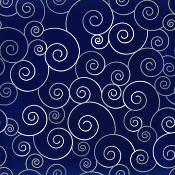 Festive seamless abstract pattern with silver swirls on blue velvet