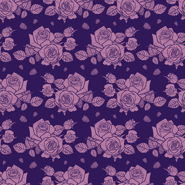 Vector purple monochrome roses and berries seamless pattern. Perfect for fabric, scrapbooking and wallpaper projects.