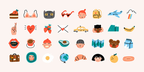 Various people's faces, tasty food, travel, love, romance. Different icons and logos. Cute hand drawn trendy vector illustrations. Cartoon style. Flat design. Naive art. All elements are isolated