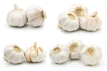 Four groups of garlic close-up isolated on white background