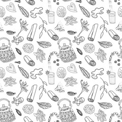 Masala chai tea outline seamless pattern, vector