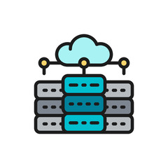 Web hosting server, data centre, distributed database flat color line icon.
