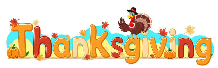 Thanksgiving text with Turkey, pumpkins and autumn leaves on white background.