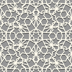 Seamless tiled pattern arabic motiff. Symmetric Geometric muslim ornament backdrop. White on gray color palette