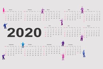 Print for wall calendar 2020 with the teamwork of little colorful men.
