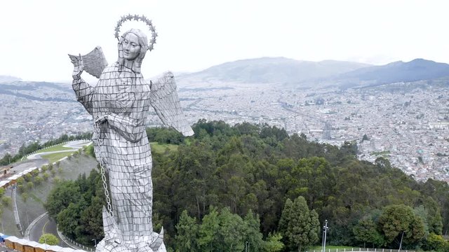 Panecillo Quito Virgin Sculpture in Ecuador, aerial shot