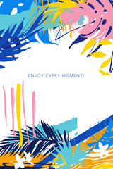 Hand Drawn Creative universal floral card with tropical palm leaves