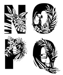Decorative set tropical pattern letters alphabet font hand drawn floral ornament.