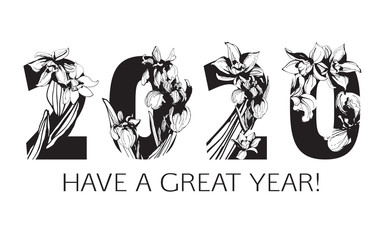Happy New Year floral pattern 2020 figures hand drawn floral ornament.