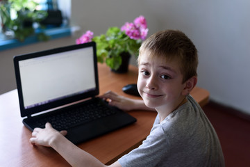 Smiling schoolboy sitting at a laptop. Home education