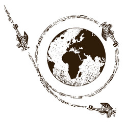 Three antique biplanes circling around the world © M