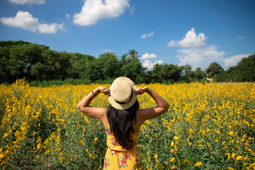 Asian woman traveler with backpack holding hat and looking at  flowers farm with blue sky