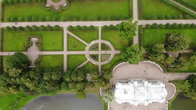 Park of Catherine Palace (Yekaterininskiy dvorets)  in Tsarskoye Selo (Pushkin)    landscape design with pattern. Aerial view  from top down. flying over