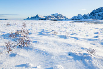 Fototapeta na wymiar Beautiful winter landscape on Lofoten islands at a sunny day
