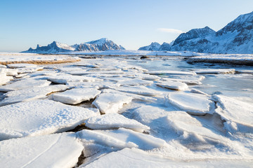 Beautiful winter landscape on Lofoten islands at a sunny day