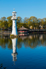 Scott Monument in the autumn sunshine at Roath Park Lake Cardiff South Wales UK