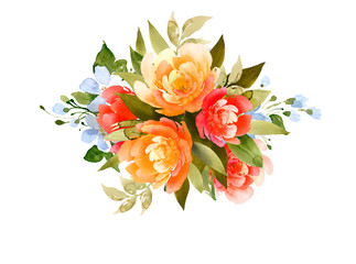 Delicate bouquet with peonies and small white flowers. Watercolor illustration, handmade.