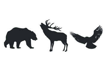 Vector deer, bear, eagle silhouettes isolated on white background.