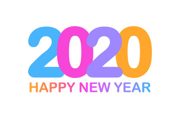 Happy New Year 2020 multicolor logo text design. Design template for diary, brochure, Xmas card, sale banner, invitation. Holiday banner on white backdrop. Color gradient congratulation text.