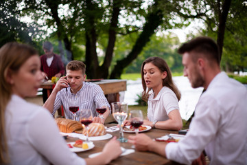 happy friends having picnic french dinner party outdoor