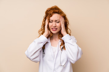 Redhead doctor woman unhappy and frustrated with something. Negative facial expression