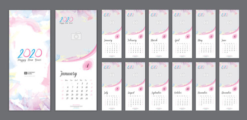 Set Desk calendar 2020 template, Calendar 2021, Set of 12 Months, Planner, Week starts on Sunday, Stationery design, advertisement, Vector layout, watercolor cover design, business brochure flyer