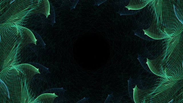 Abstract evolving geometric patterns form circular opening and frame