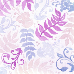 floral pattern watercolor painting in blue yellow and purple pink. Abstract ferns flowers swirls and curl designs in pretty pattern. Hand painted watercolor background.