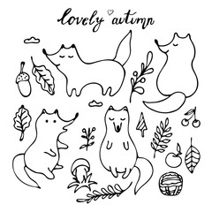 Hand drawn set of cute autumn foxes on a card, branch, acorn, mushroom, berries, cloud, lettering in graphic style on a white background, isolated for use in design, doodle, children's illustration
