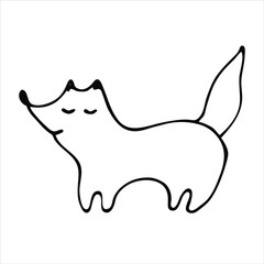 Hand drawn black line art vector, animal fox walking on white background isolated for use in design, greeting card, logo, doodle illustration