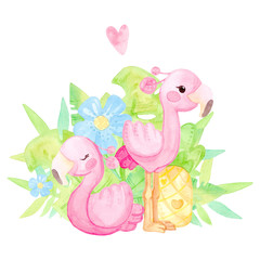 Hand painted watercolor. Cute cartoon illustration. Template for postcard. Warm tropics. Flamingo, pineapple, leaves, flowers. Isolated on white background